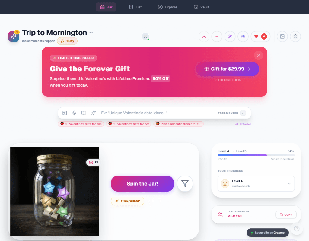 Spin the Jar dashboard showing a jar full of ideas, the spin button, AI smart input bar, and gamification progress