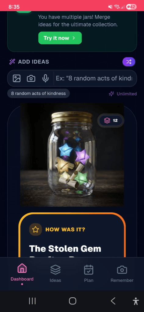 Dashboard showing AI idea bar, jar visual with 7 ideas